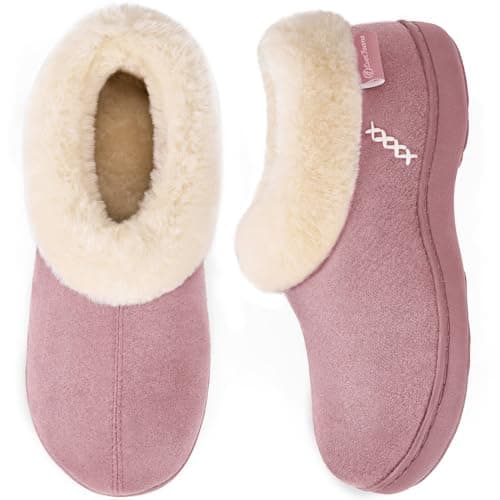 EverFoams Women's Microsuede Cozy Memory Foam Winter Slippers with Fuzzy Faux Fur Collar and Indoor Outdoor Rubber Sole (Pink, Size 7-8 M US)