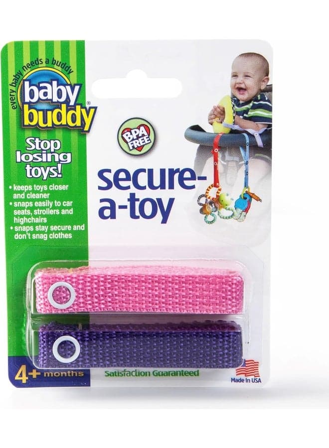 Baby Buddy Secure-a-Toy, Adjustable Pacifier and Teether Strap for Stroller, Highchair, and Car Seat, Pink Purple, 2 pack