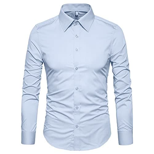 Manwan walk Men's Slim Fit Business Casual Cotton Long Sleeves Solid Button Down Dress Shirts (Medium, Light Blue)