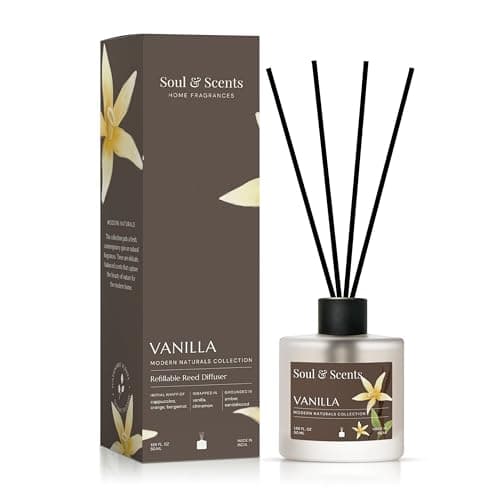 Soul & Scents 50ml Vanilla Reed Diffuser Set | Blend of Toasted Coconut, Vanilla & Musk | Get 5 Rattan Reed Sticks | Smoke Less Room Freshener for Home, Bedroom, Living Room & Office