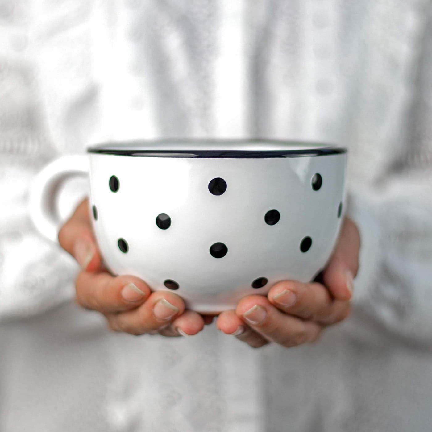 City to Cottage Handmade Ceramic Designer White And Black Polka Dot Cup Unique Extra Large 175oz500ml Pottery Cappuccino Coffee Tea Soup Mug Housewarming Gift for Tea Lovers