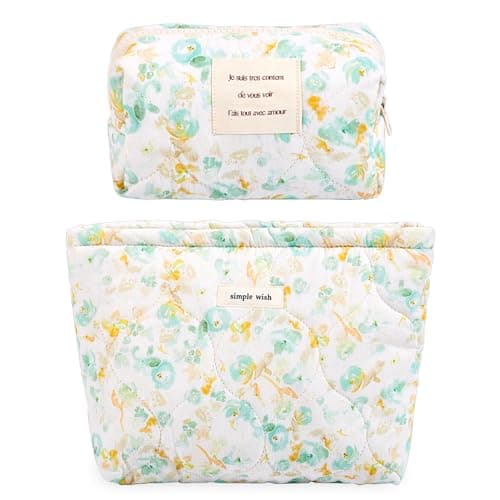 Sminra 2 Pcs Floral Makeup Bag Large Travel Cotton Quilted Cosmetic Makeup Bag Organizer Cute Coquette Aesthetic Zipper Portable Pouch Purse Storage Toiletry Bag for Women Girls accessories