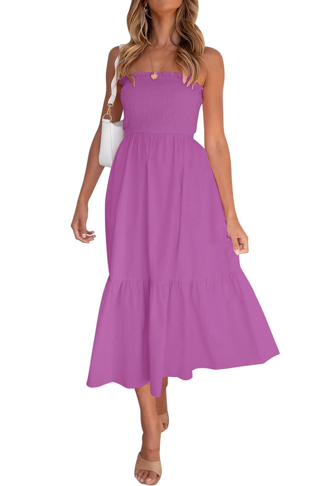 ZESICA Womens Summer Strapless Dress Off Shoulder Sleeveless High Waist Solid Color Beach Long DressesPurpleLarge