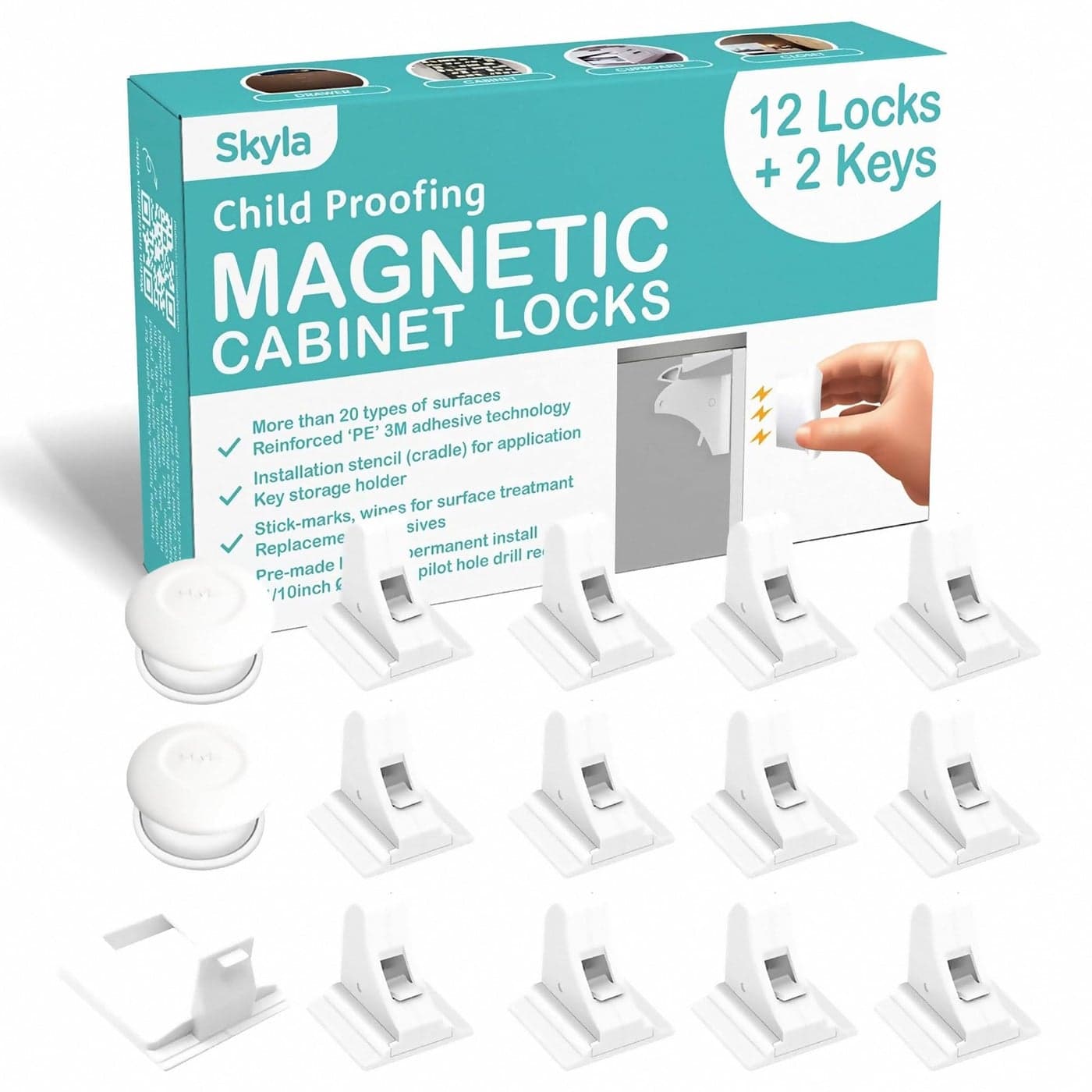 Skyla Homes Magnetic Cabinet Locks Baby Proofing Child Safety The Safest Quickest and Easiest MultiPurpose 3M Adhesive Child Proof Latches No Screws or Tools Needed 12 Pack