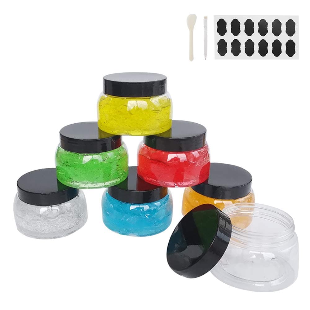zmybcpack 12 Pack 77 OZ Clear Plastic Jars with Lids A Spatula A Pen Labels Refillable Round Low Profile ContainersPlastic Slime Travel Jars for Lotions BodySugar Scrub Creams