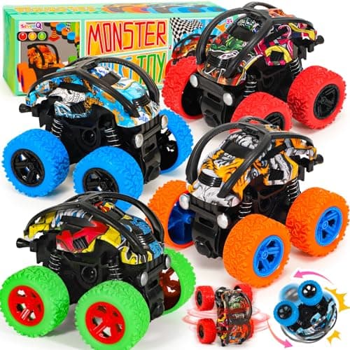 SevenQ Monster Truck Toys Cars for Boys 4 Pack Race Cars Party Favors for Kids Push and Go Flip Stunt Pull Back Cars Toddler Toys Classroom Prizes Christmas Goodie Bag Stuffers Birthday Gifts