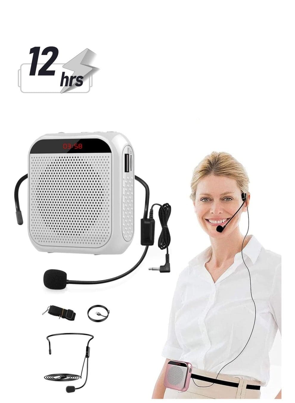 Voice Amplifier with Wired Microphone Headset, Portable Rechargeable PA System Speaker Personal Microphone Speech Amplifier, Loudspeaker for Teachers, Tour Guides/Coaches Metting/Yoga/Fitness (White)