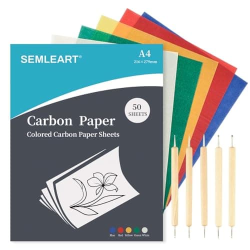 SEMLEART Carbon Transfer Paper Set 50 Sheets in Red Yellow Blue Green White 9x11 Inch with 5 Stylus Tools for Wood Paper Canvas
