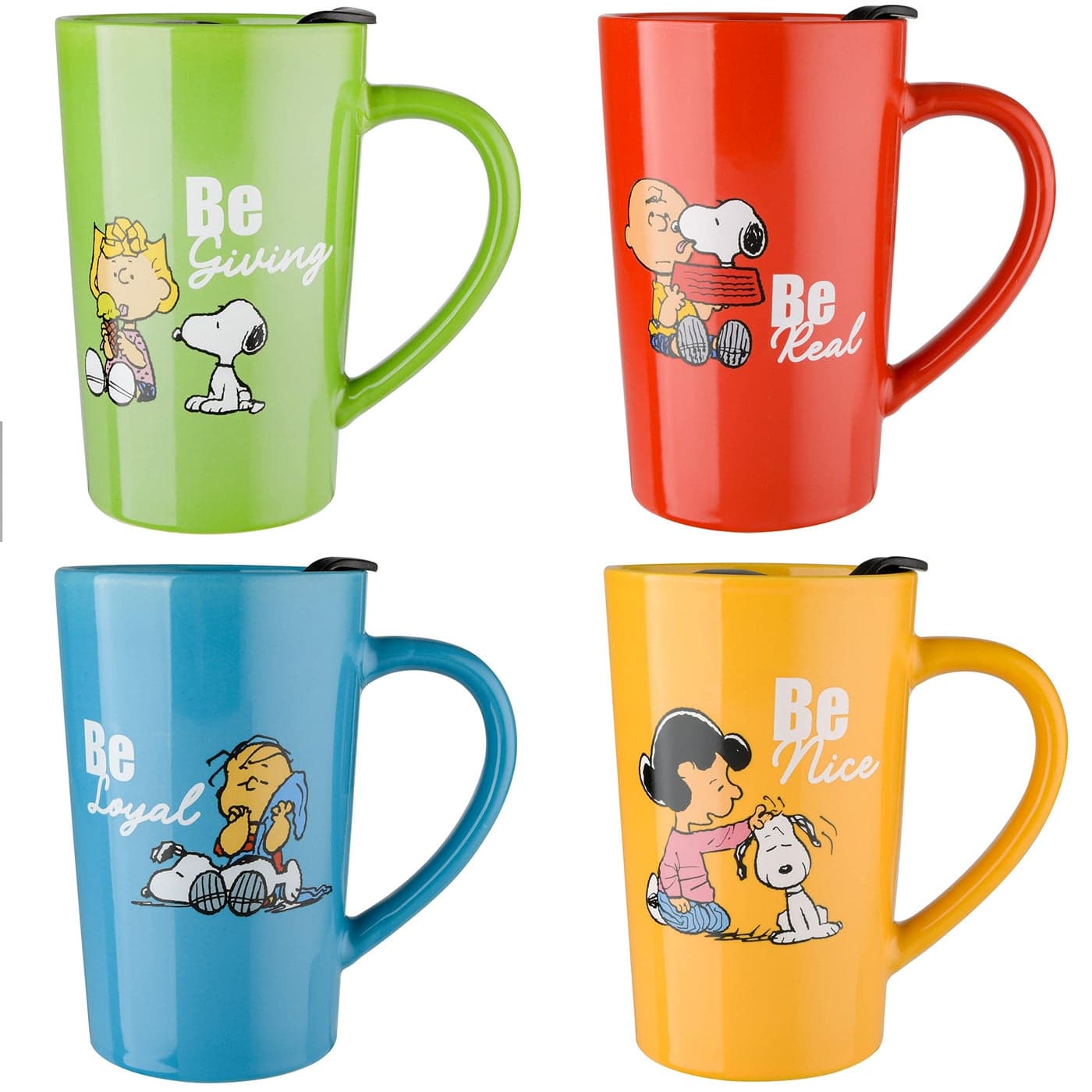 Peanuts Snoopy Gentle Reminders 18oz Travel Cup wLid Stoneware 4Pack Assorted Colors