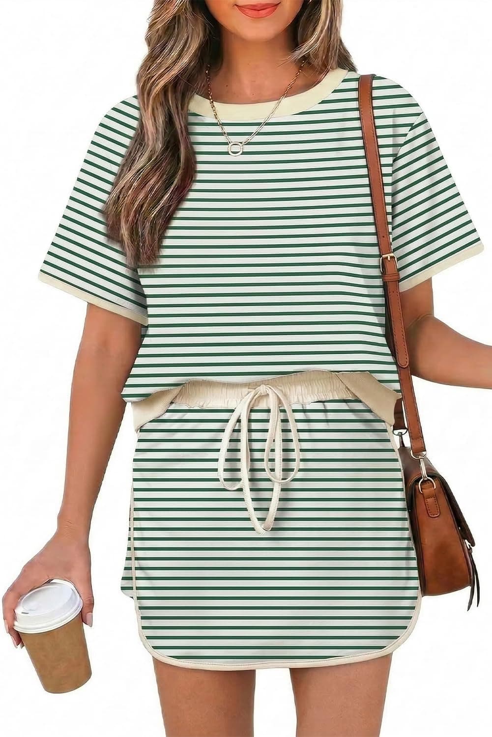 Opemiby Fashion Summer Two Piece Set Crewneck Tshirt and Short Sets Minimalist Design No Pockets Cruise Outfit for Going Out Polished Brunch Coffee Beach Vacation Travel Airport Stripes4 Green S