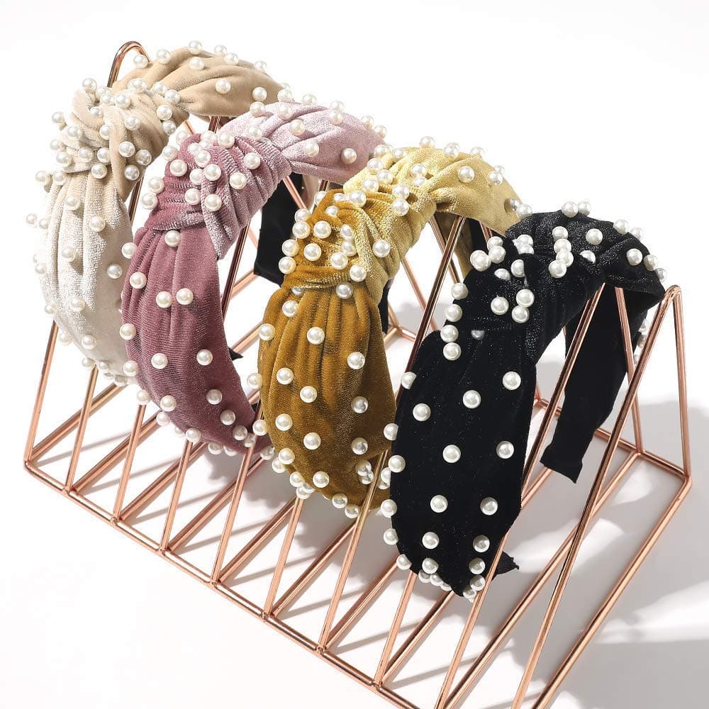 Ivyu Headbands Women Hair Head Bands Accessories 4 Pcs Velvet Pearl Head Bands Cute Beauty Hairbands Fashion Girls Vintage Hair Boho Wide Bands For Workout GYM Yoga Running