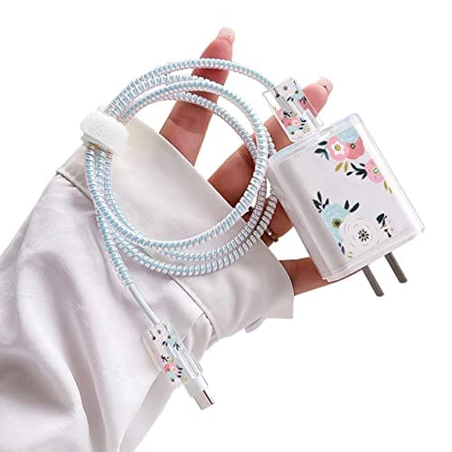CameCosy Cute DIY Protectors Cable Protector for iPhone ChargerElegant White Flowers PatternData Cable Charger Data Line Earphone Wire Saver for iPhone X 13 12 11 Pro Max