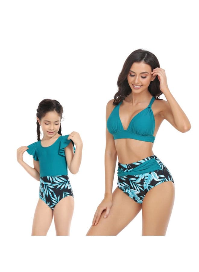 Bikini And America Hi Fish Parent-Child Swimwear Women 2024 Mother-Daughter Swimwear-Color:peacock Blue-
