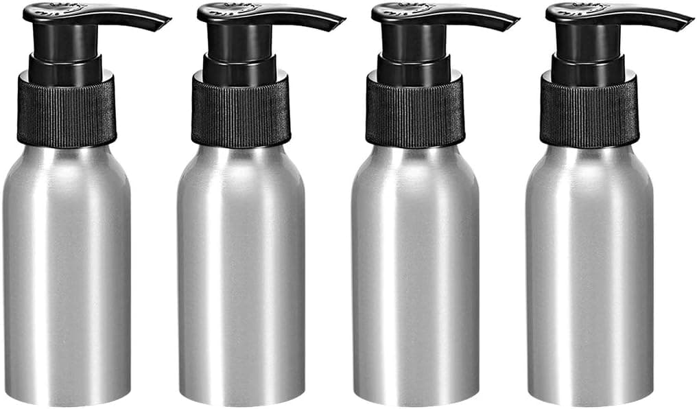 uxcell 1.7oz/50ml Aluminium Pump Bottle with Black Pump Cap,Empty Refillable Container Travel Bottle for Kitchen and Bathroom 4pcs