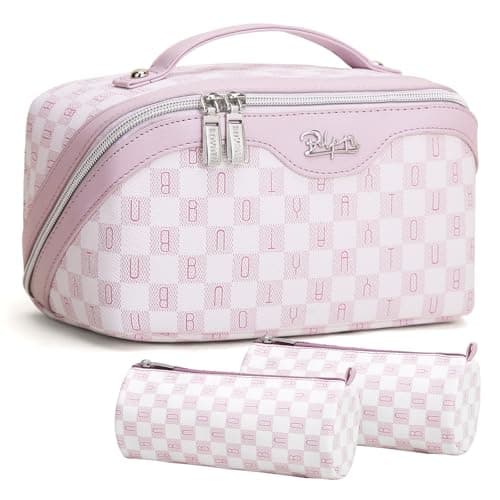 BOYATU Travel Makeup Bag Organizer Cosmetic Bag: 3 Pcs Set Make up Bags for Women with Handle - Waterproof Vegan Leather Toiletry Bags Travel Essentials Pouch with Compartments (H-05-Pink)