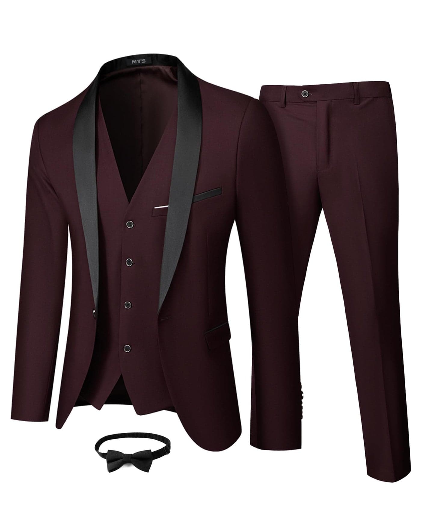 MY'S Mens 3 Piece Tuxedo Set with Bow Tie, Shawl Lapel One Button Jacket Vest & Pants, Slim Fit Suit Prom Party Wedding Tux, Deep Red