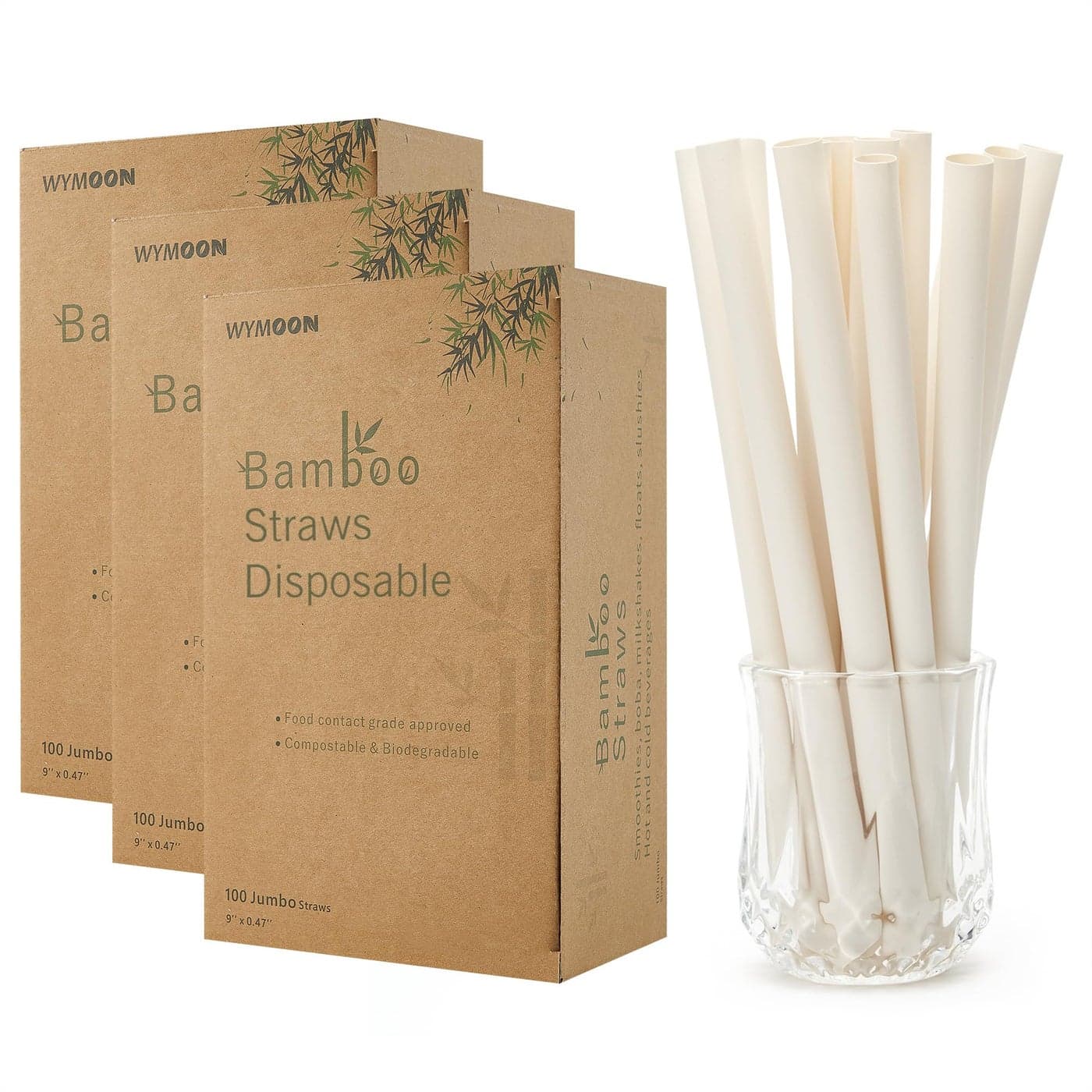 Biodegradable Smoothie Boba Straws made of Bamboo Material 300 Straws in Total 3 Packs of 100