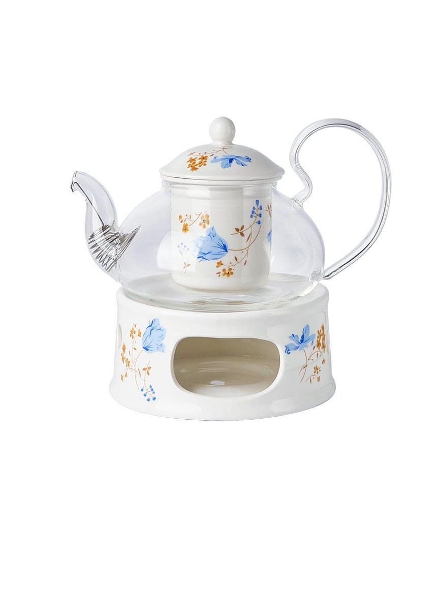 Ceramic tea utensils, glass pot, teapot, transparent, with tea strainer, floral pattern, with lid, candlestick set, French style, cold brew, insulated, keeps warm, stylish, barley tea, flower tea, half tea, for shops, tea party, can be used over direct heat, afternoon tea