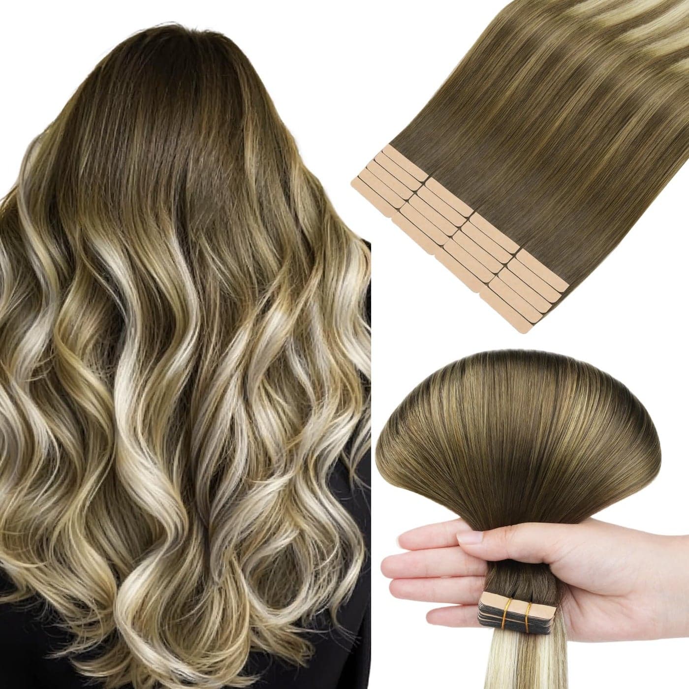 HOTBANANA Tape in Hair Extensions 24 Inch 20pcs 50g Ombre Walnut Brown to Ash Brown and Bleach Tape in Hair Extensions Human Hair Tape Hair Extensions Straight Remy Human Hair Tape in Extensions