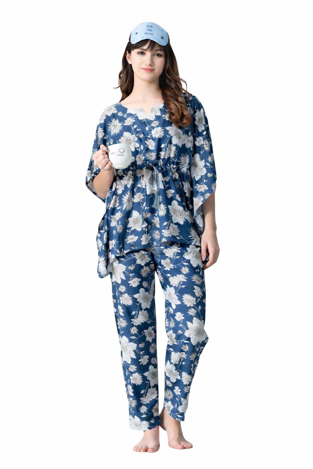 Ichaa Women's Rayon Printed Night Wear Kaftan Top and Trouser Night Suit Set