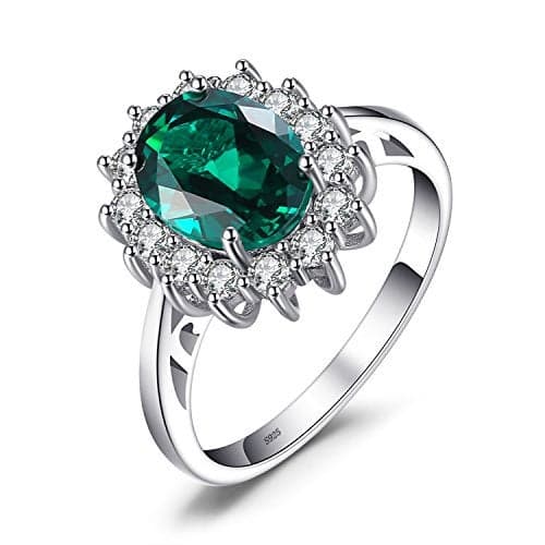 JewelryPalace Princess Diana Kate Middleton Class Gemstone Birthstone Green Emerald Halo Statement Engagement Rings for Women, Anniversary 14K Gold Plated 925 Sterling Silver Promise Rings for Her 8