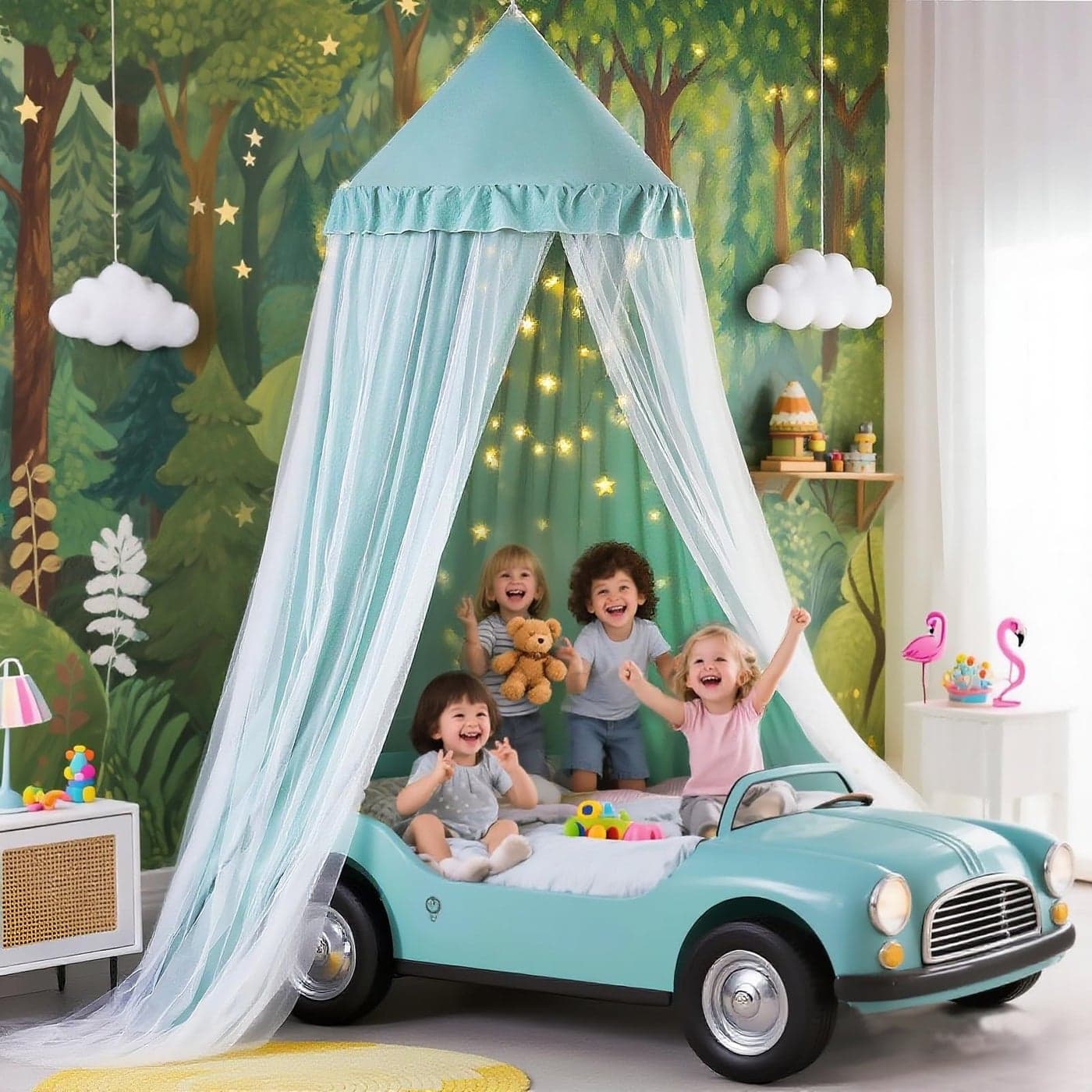 Kertnic 315inch Large Dome Bed Canopy for Girls Double Layer Dreamy Ruffle Princess Canopy Bedroom Hanging Tent Kids Reading Nook CanopiesFull Queen Bed Canopy Curtain Green