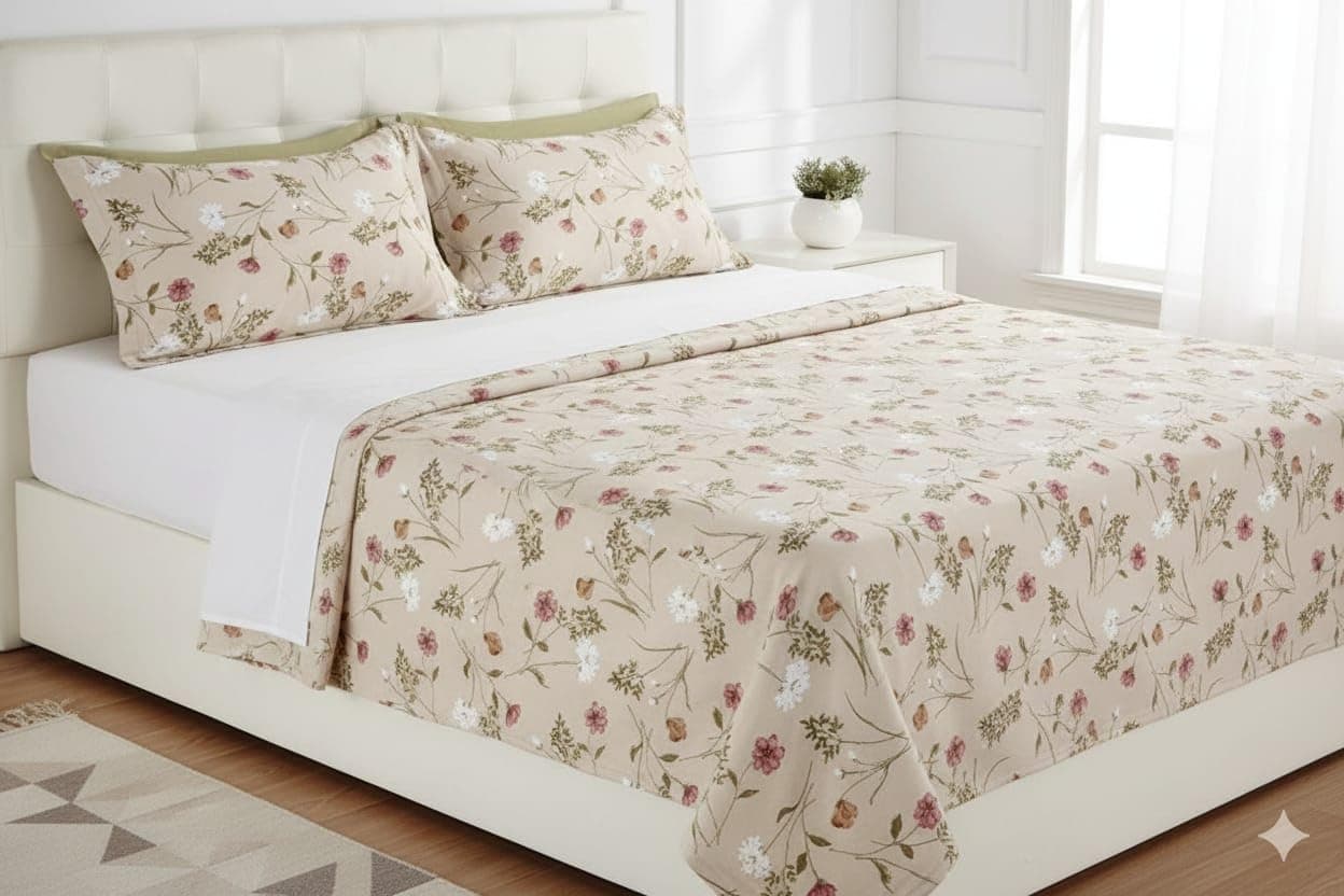Temoli® King Size Pure Cotton Bedsheet with 2 Pillow Covers (108x108 Inch) – Soft & Breathable Summer Double Bed Sheet | Floral Light Green Design