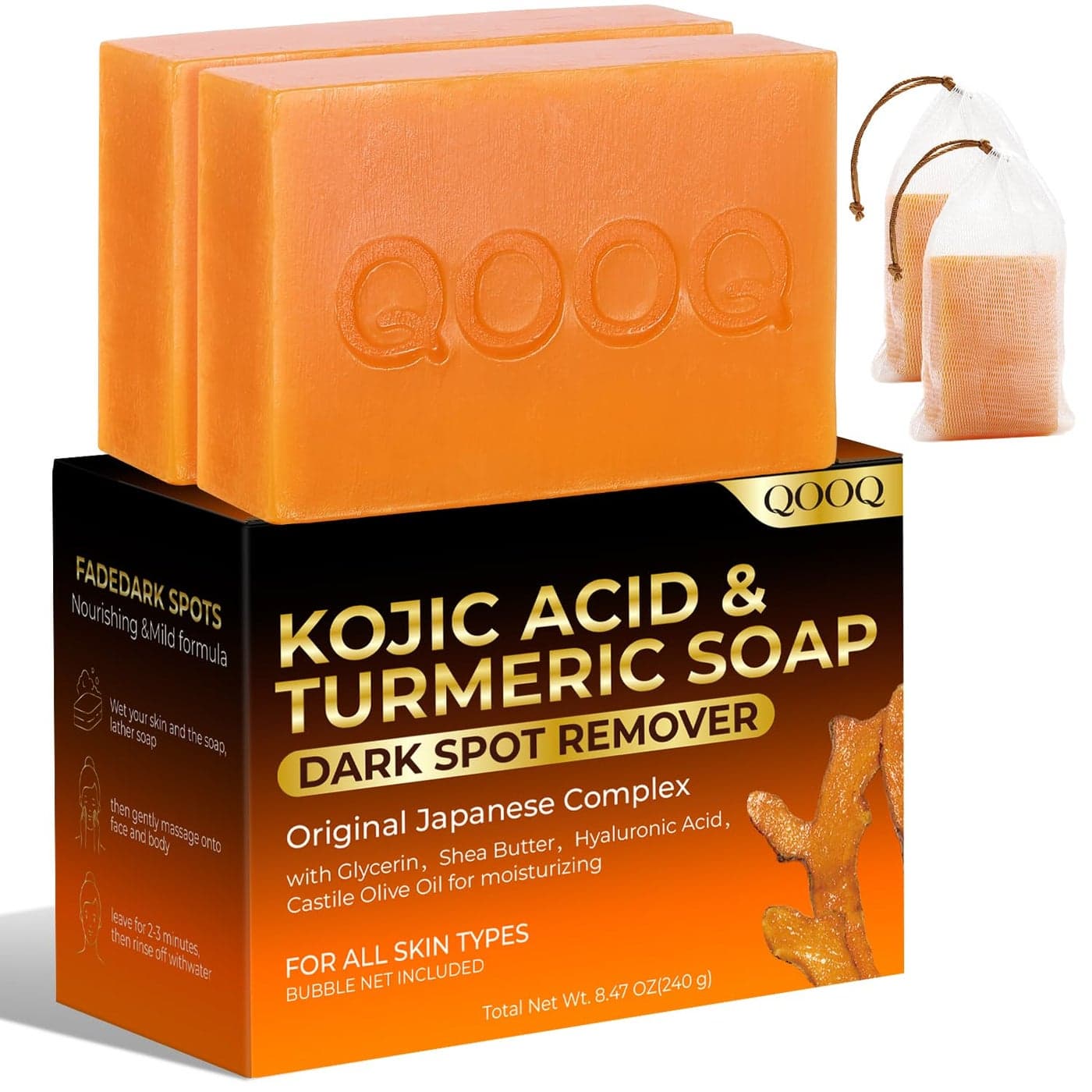 QOOQ Turmeric Kojic Acid Soap for Dark Spots Brightening Face and Body Wash with Vitamin C Retinol Collagen Vitamin E Glycerin Shea Butter Castile Olive Oil Soap for Women Men 120g x 2