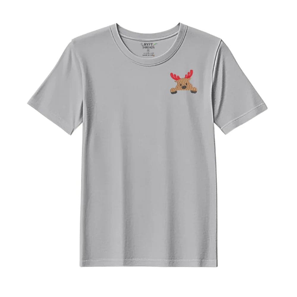 Threads Medium Grey Polycotton T-Shirt - Christmas "Peeking Reindeer" Embroidered Design, Premium Holiday Collection