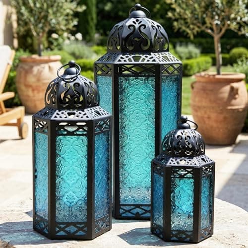 VELA LANTERNS Set of 3 Blue Glass & Black Metal Moroccan Candle Lantern Holders (XL, Large, Small) - Decorative Indoor/Outdoor Decor for Patio, Floor, Weddings & Ramadan