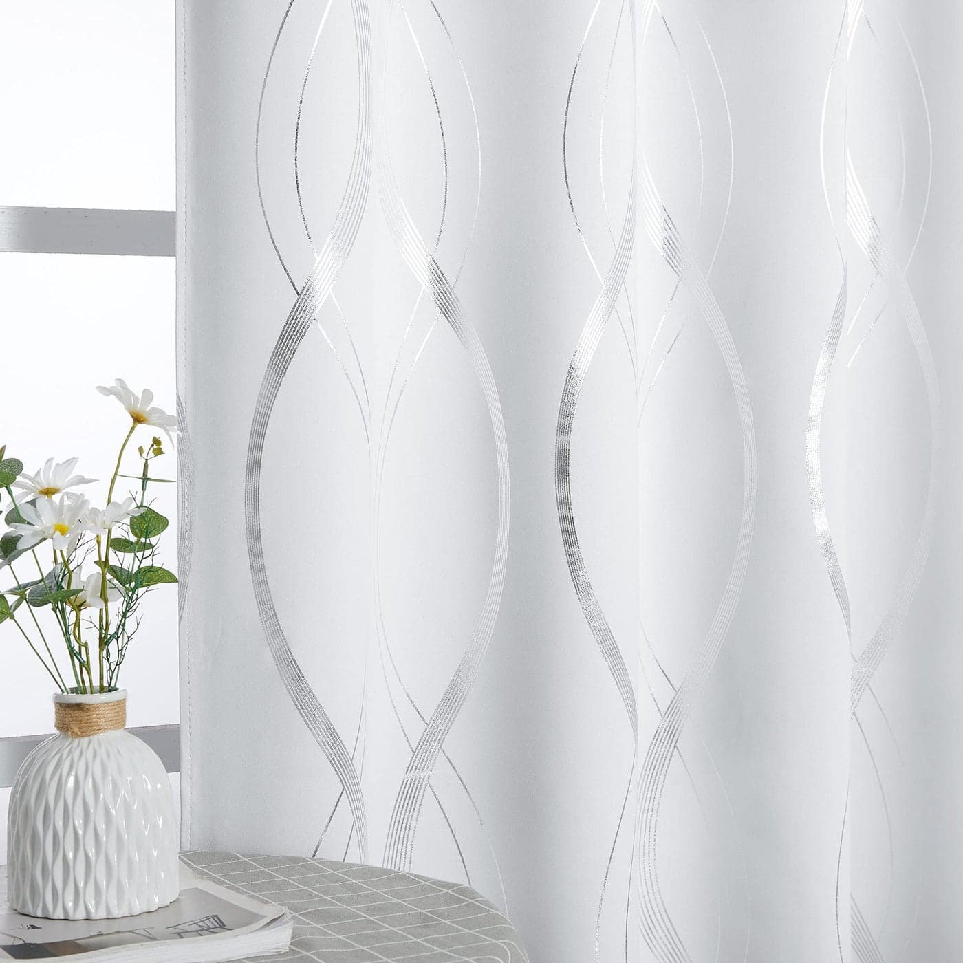 NICETOWN Extra Long Blackout Curtains for Large Window Foil Printed Wave Lines Energy Saving Thermal Insulated Blackout Draperies for Dining Room Guest Room 1 Pair 52 x 108 Greyish White