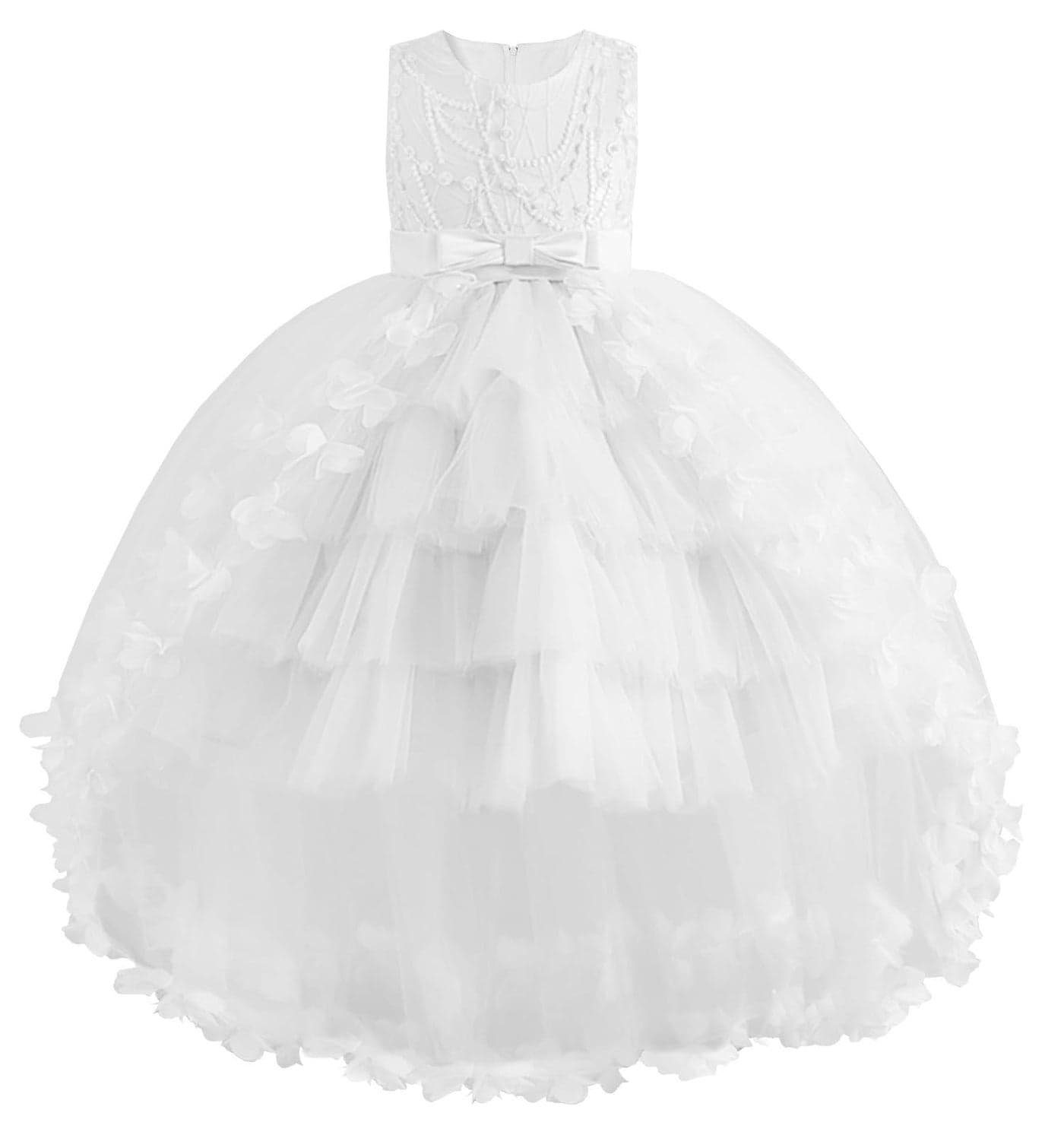 JerrisApparel Girls Flower Tulle Dress Layered Skirt Bowknot Back Wedding Party Dress Princess Formal Gown 56 Years White
