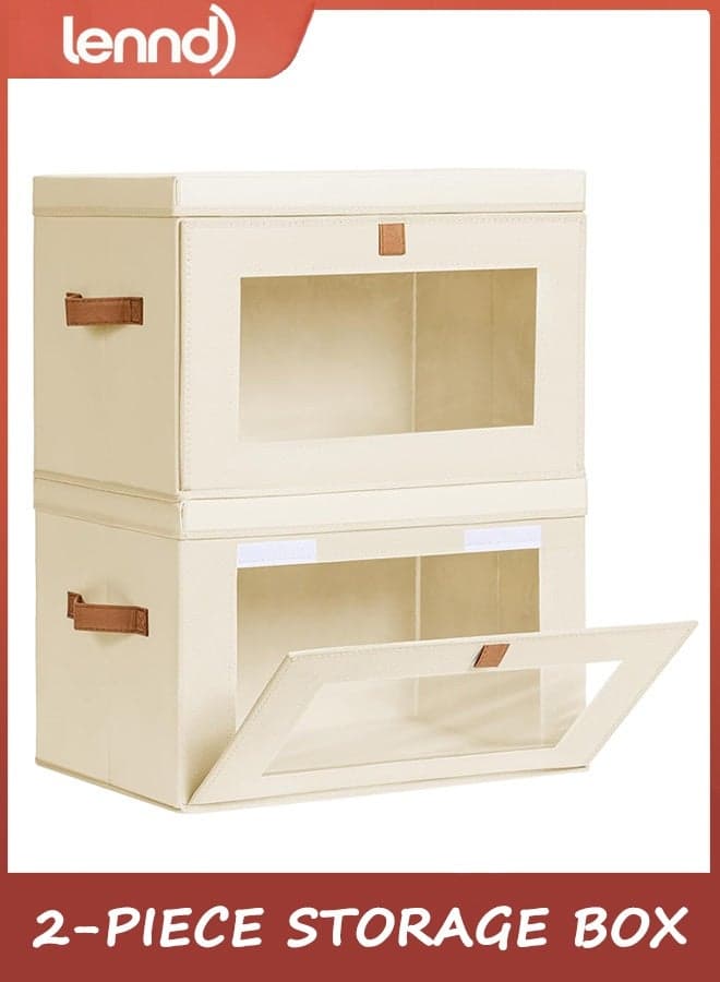 Large Closet Storage Organizer - Clothes Storage Bins with Handles & Window, Collapsible Decorative Boxes with Lids, Fabric Containers for Living Room, Dorm, 2 Pack, Beige
