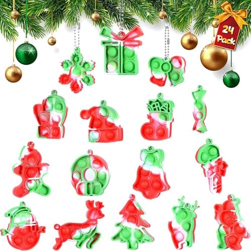 24 PCS Christmas Bulk Fidget ToysChristmas Party Favors Mini Pop Keychain Set Push Bubble Sensory Toy Toddler Kids Girls Boys Stocking Stuffers Christmas Goodie Bags Gift for Student Classroom Prize