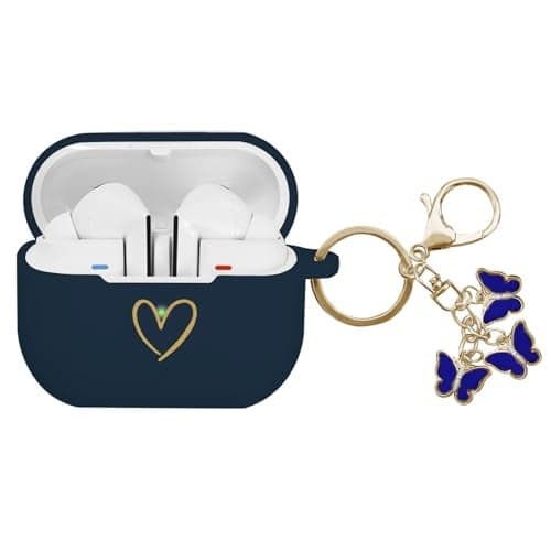 AIIEKZ Compatible with Samsung Galaxy Buds 3 Pro and Galaxy Buds 3 (2024), Soft Silicone Case with Gold Heart Pattern with Cute Butterfly Keychain for Girls Women (Midnight Blue)