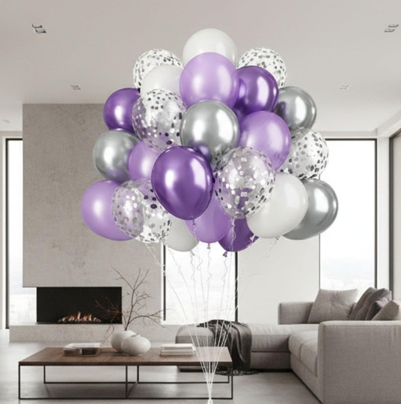 Toys Treasure 60pcs Metallic Purple Silver White Confetti Balloons - Wedding Birthday Baby Shower Party Decorations (Purple Silver White)