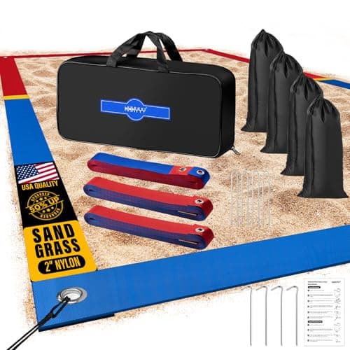 XXXYYY Upgraded Professional Beach Volleyball Lines for Sand 2 inch Better Visible Upgraded Weather Resistance Stainless Anchors Sand Bags Standard 263 X 526 Patriotic Red Blue