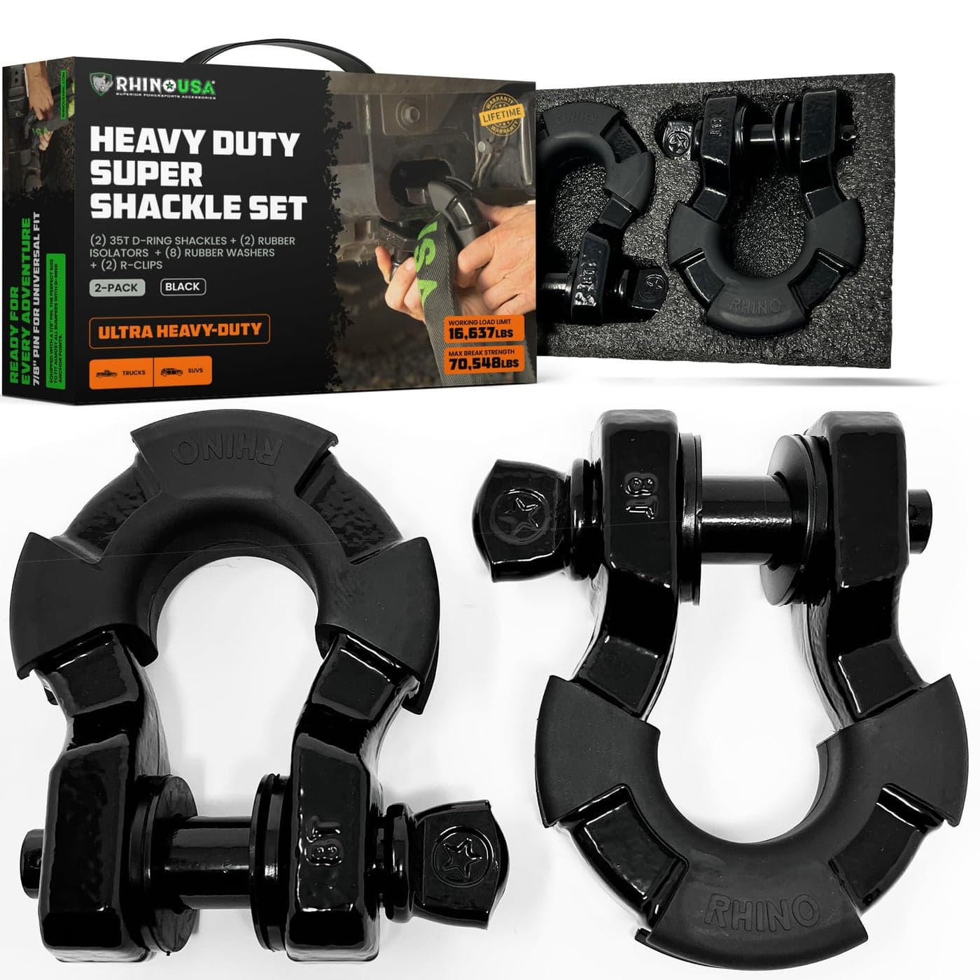 Rhino USA Super D Ring Shackles 2Pack 70548lb Break Strength Heavy Duty 34 Clevis Shackle with 78 Pin for Towing OffRoad Use Pairs with Tow Strap for Vehicle Recovery Black