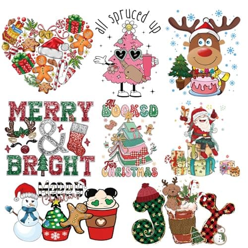 Christmas Decorative Patches Heat Transfer Decals Xmas Iron on Vinyl Stickers for Clothing TShirt Jacket Decorations Hot Press Decals for Clothes Craft 8 Large Sheets