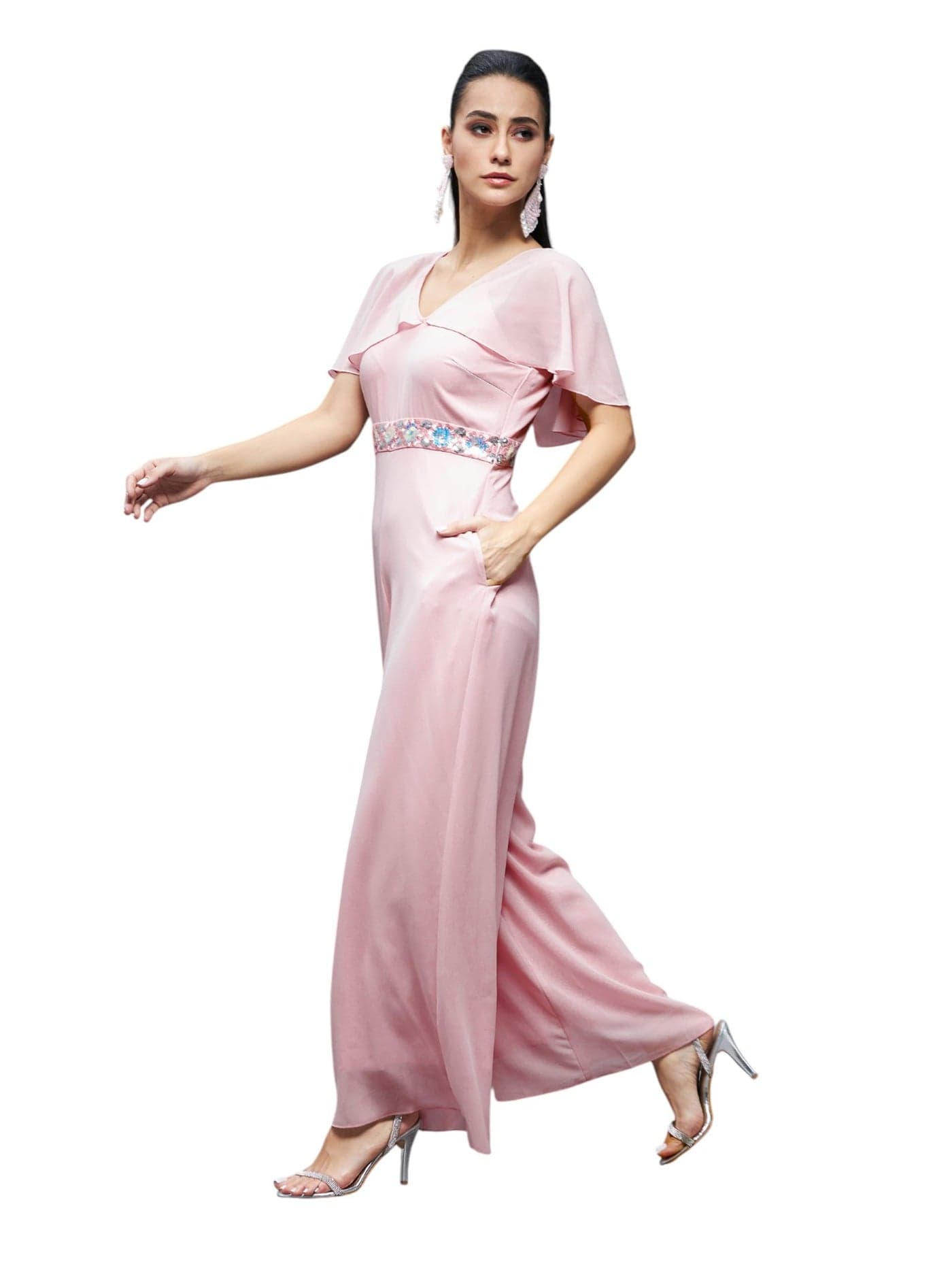 Miss Chase Women's V-Neck Cape Layered Regular Jumpsuit (MCSS25D91-84-157-03, Light Pink, S)
