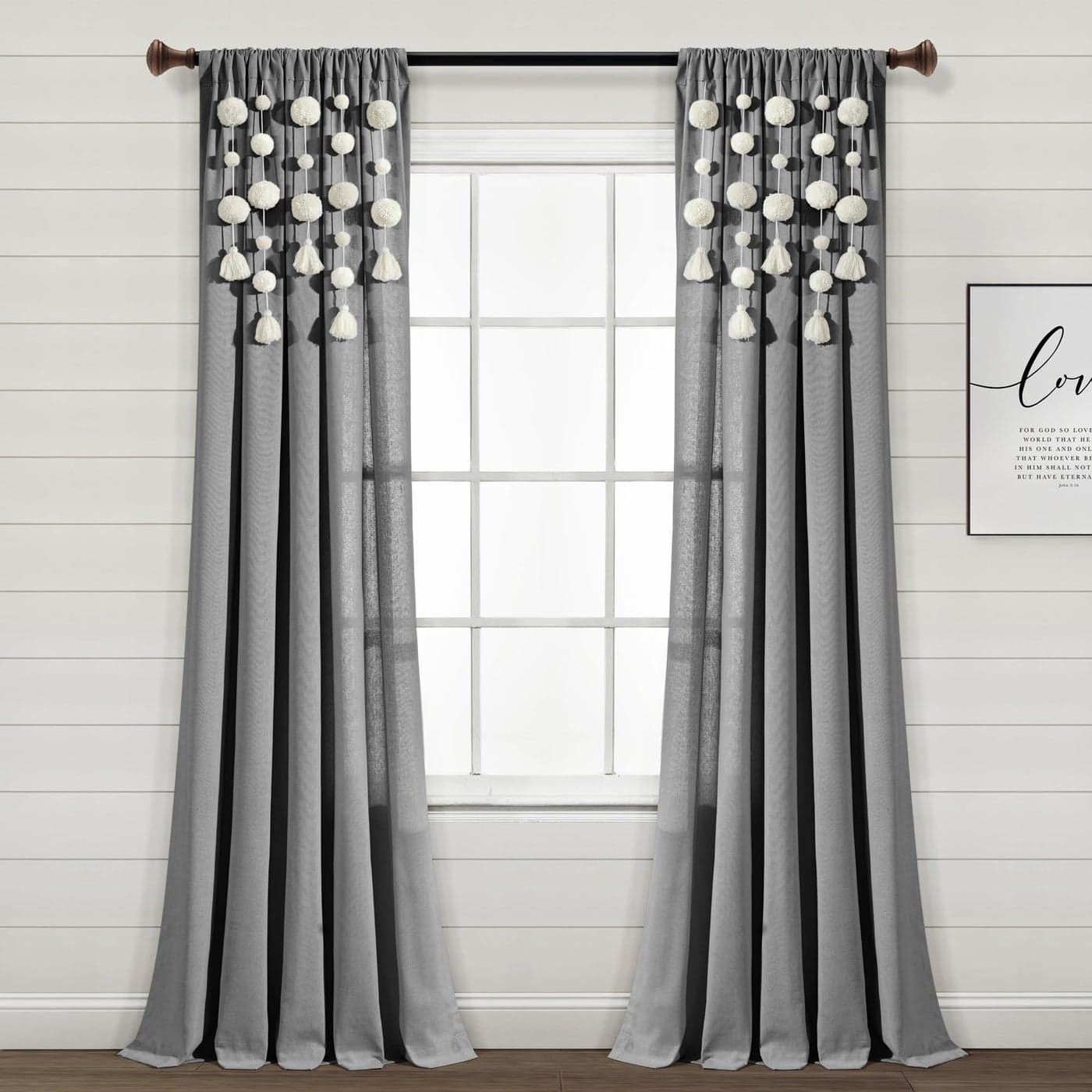 Lush Decor Boho Pom Pom Tassel Linen Window Curtain Panel Single Panel 95 L x 52 W Dark Gray