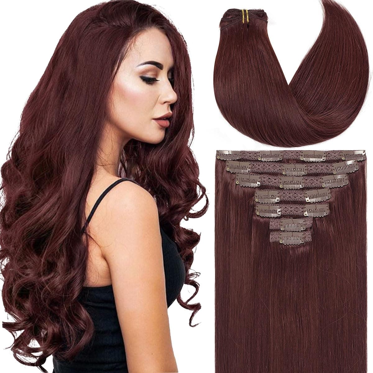 Caliee Clip in Hair Extensions Real Human Hair Burgundy Wine Red Color Double Weft Lace Clip in Hair Extensions Invisible Silky Straight Hair Extensions Clip in for Full Head 120g 14inch
