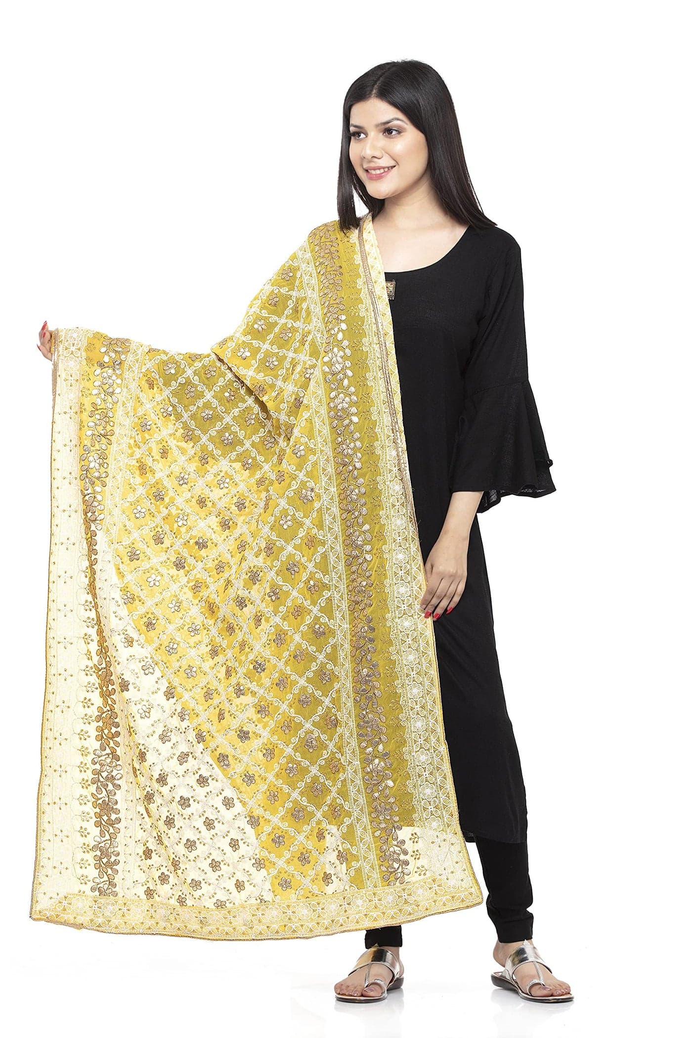 A R Silk Women's Georgette Yellow Lucknowi Embroidery Work Dupatta