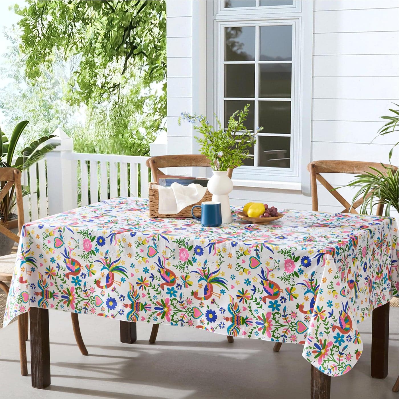 Newbridge Animal Folk Print Vinyl Tablecloth with Flannel Backing 60 x 102 Inch Rectangle Mexican Otomi Birds Hearts Floral Design Table Cloth for Parties Picnics and Barbecues