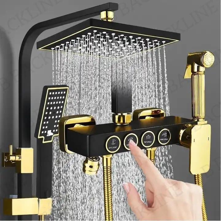 Backline Shower Set for Bathroom Full Set 4 in 1 Wall Shower Mixer Hot & Cold Shower Panels, Hand shower | overhead Shower | Jet Spray For Bathrooms (Black Gold)