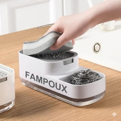 Fampoux 2 in 1 Soap Dispenser for Kitchen with Sponge Holder 400 Ml,Hollow Design,Durable&Smooth Body Sink Dish Washing Soap Dispenser Set Sponge Holder Kitchen Sink Accessories Items