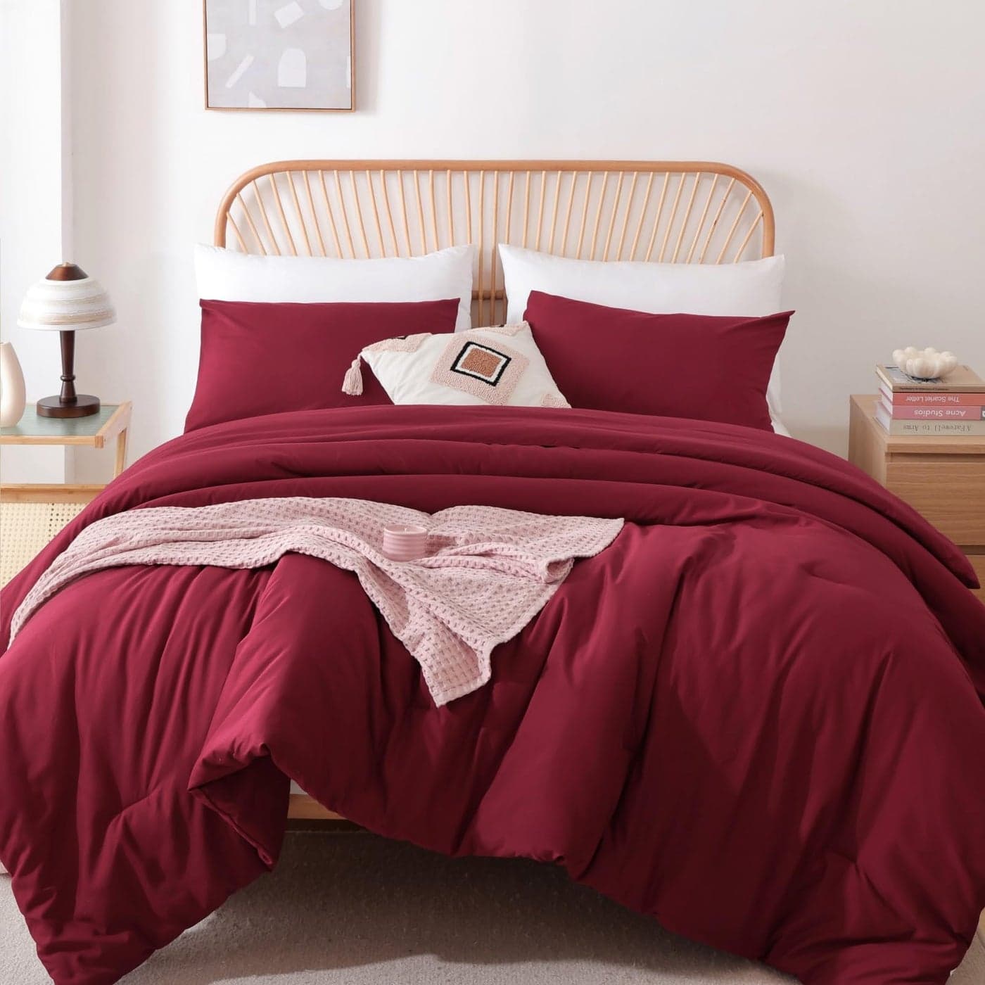 ROSGONIA Queen Comforter Set Dark Red3pcs Bedding Comforter Sets1 Boho Red Comforter 2 Pillowcases All Season Lightweight Bedspread Blanket Quilt