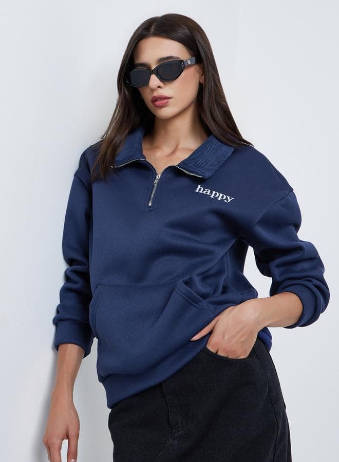 Styli Navy Blue Embroidered Slogan Sweatshirt — L