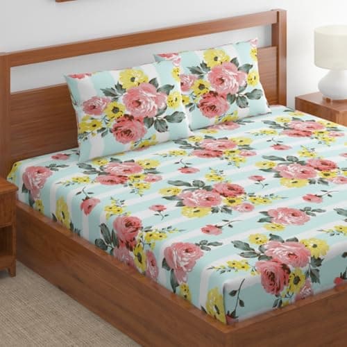 Home Ecstasy 100% Cotton King Bedsheet with 2 Pillow Covers, 140TC Cotton Floral Blue Bedsheet for King Bed (9ft X 9ft)