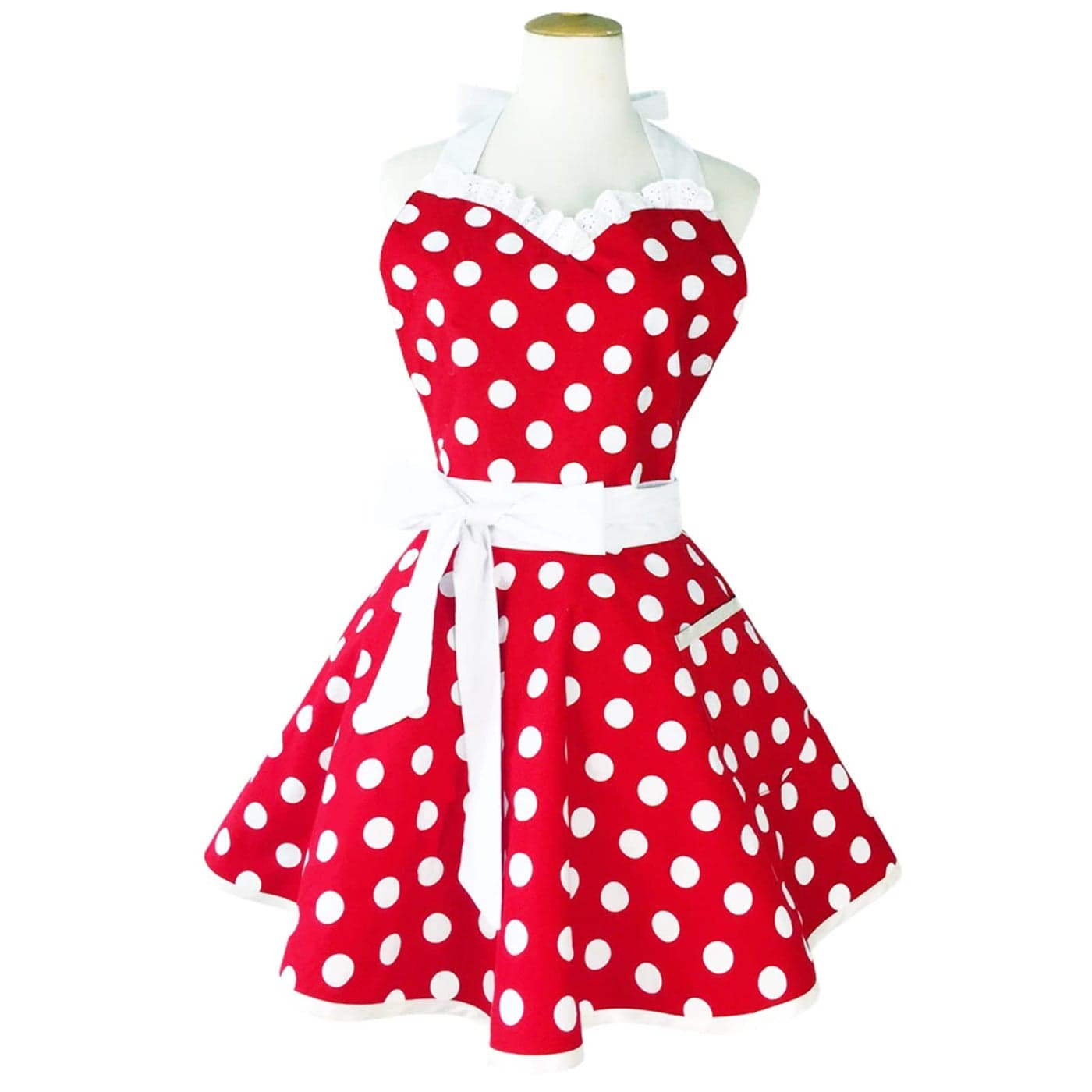 Hyzrz Lovely Sweetheart Retro Kitchen Aprons Woman Girl Cotton Polka Dot Cooking Salon Dress Pinafore Vintage Apron Mothers Gift Red